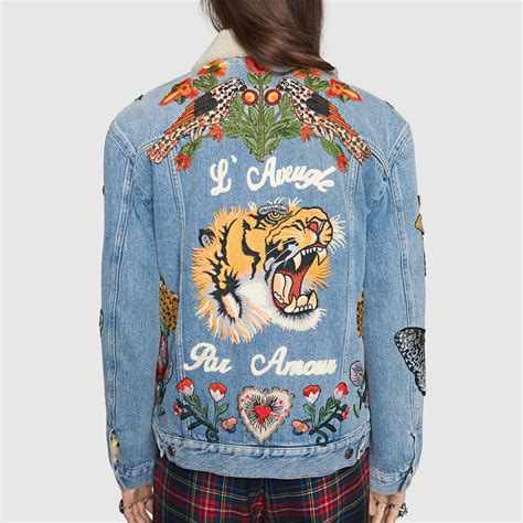 embroidered denim gucci jacket|Gucci denim jacket with embroideries.